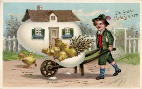 Präge Ak Glückwunsch Ostern, Junge, Schubkarre, Küken, Eierhaus, Weidenkätzchen