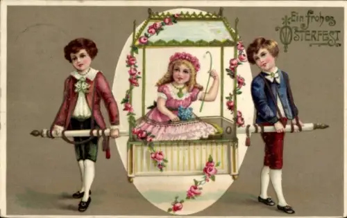 Präge Ak Glückwunsch Ostern, Mädchen in einer Sänfte
