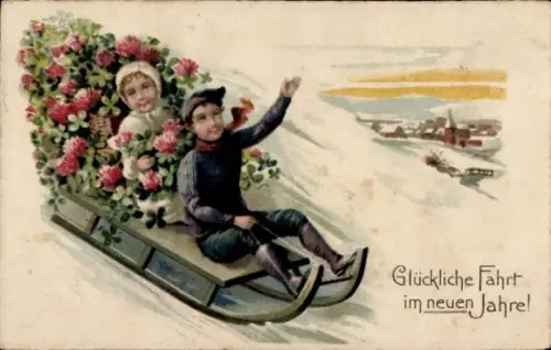 Ak Glückwunsch Neujahr, Kinder beim Schlittenfahren