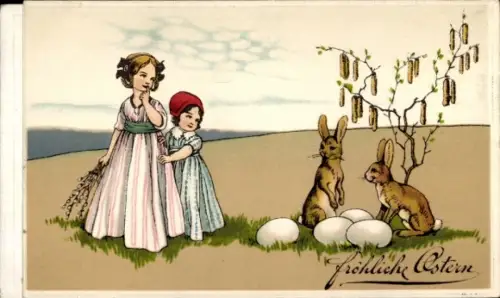 Künstler Ak Glückwunsch Ostern, zwei Mädchen, Osterhasen, Ostereier