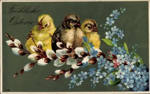 Präge Ak Glückwunsch Ostern, Küken, Weidenkätzchen