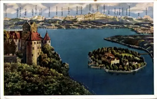 Ak Meersburg am Bodensee, Blick auf  Insel Mainau, Konstanz, Bodensee, Berge im Hintergrund