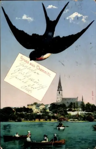 Ak Chemnitz in Sachsen, Vogel,  Wasser, Boote, Kirche