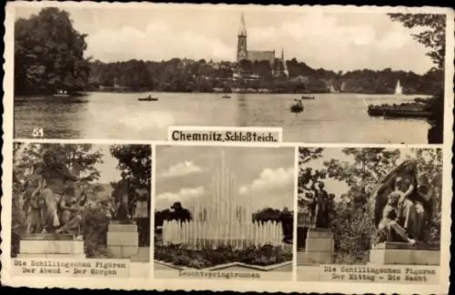 Ak Chemnitz in Sachsen, Chemnitz Schloßteich, Schillingsche Figuren, Leuchtspringbrunnen