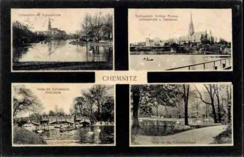 Ak Chemnitz in Sachsen, Verschiedene Ansichten von  Schlosskirche, Schlossteich, Inselbrücke
