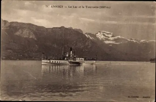 Ak Annecy Haute Savoie, Dampfschiff auf dem See, Tournette
