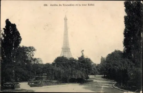 Ak Paris XVI Trocadéro, Eiffelturm, Jardin du Trocadéro, Bäume, Parklandschaft