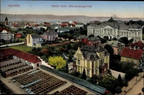 Ak Colmar Kolmar Elsass Haut Rhin, Luftaufnahme von  Oberlandesgericht, Wohnhäuser, Gärten