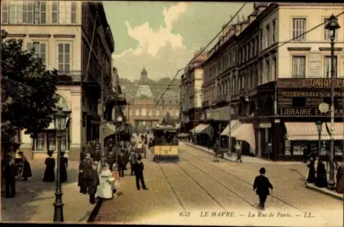 Ak Le Havre Seine Maritime, Straße mit Straßenbahn, Menschen, Geschäfte, Werbung, 