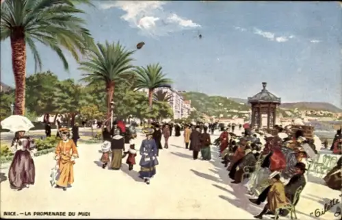 Ak Nice Nizza Alpes Maritimes, Promenade du Midi, Menschenmenge, Palmen,  Kleidung, Gilette