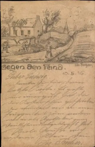 Handgemalt Ak Jos. Fischer, Gegen den Feind, Soldaten bei der Einnahme eines Ortes, 1. WK