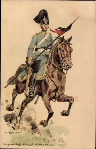 Künstler Ak Becker, C., Deutscher Soldat zu Pferde, Dragoner, Kaiserzeit