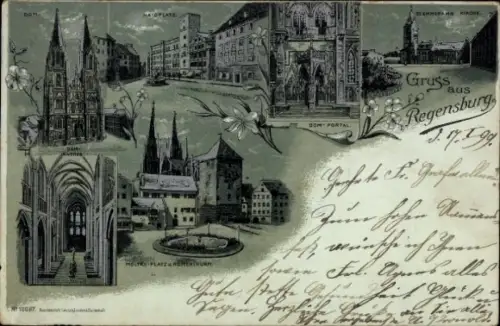 Mondschein Litho Regensburg an der Donau Oberpfalz, Dom, Kirche, Haidplatz