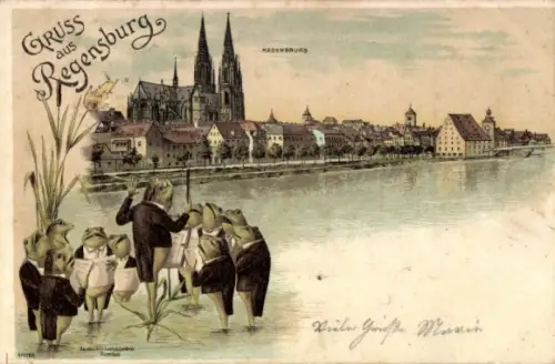 Litho Regensburg an der Donau Oberpfalz, Gesamtansicht, Singende Frösche