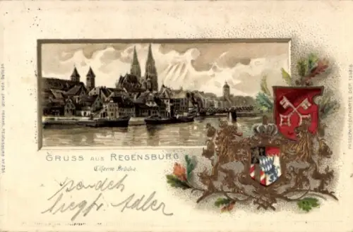 Präge Passepartout Wappen Litho Regensburg an der Donau Oberpfalz, Gesamtansicht