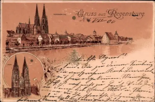 Litho Regensburg an der Donau Oberpfalz, Gesamtansicht, Dom
