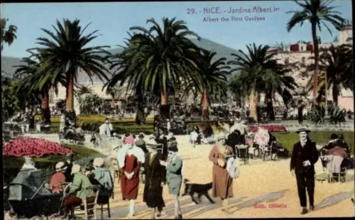 Ak Nice Nizza Alpes Maritimes, Jardins Albert, Palmen, Menschen, Spaziergänge, Hund