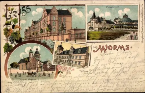Litho Worms am Rhein, Kaserne, Festspielhaus, Rathaus, Paulus Museum