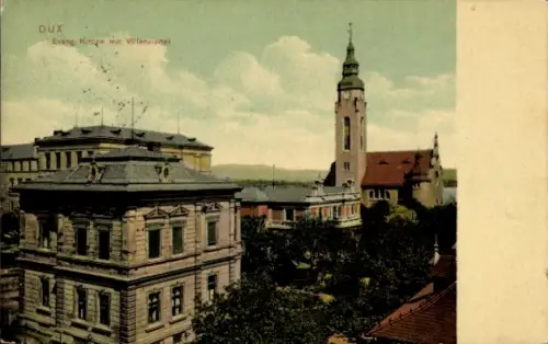 Ak Duchcov Dux Region Aussig,  Evangelische Kirche, Villenviertel