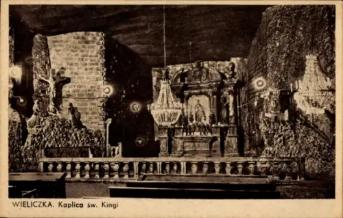Ak Wieliczka Groß Salze Polen, Kaplica św. Kingi, unterirdische Kapelle, Statuen, Kristalllüster