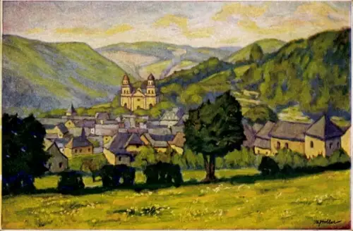 Ak Malmédy Wallonien Lüttich, Landschaft mit Bergen, Stadtansicht, Kirche, A. Holler