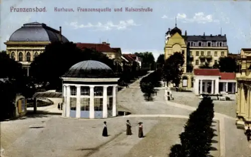 Ak Františkovy Lázně Franzensbad Region Karlsbad, Kurhaus, Franzensquelle, Kaiserstraße