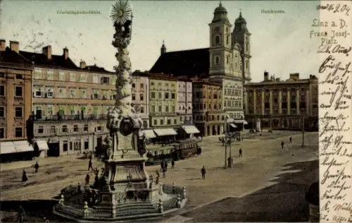 Ak Linz an der Donau Oberösterreich, Dreifaltigkeits-Säule, Domkirche,  Franz Josef-Platz