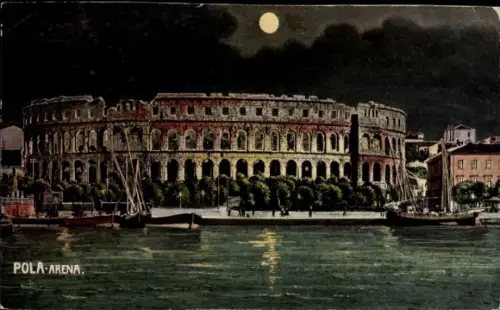 Ak Pola Pula Kroatien, Pola Arena, Kolosseum, Wasser, Boote, Mond