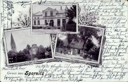 Ak Spornitz in Mecklenburg, Kirche, Schule, Pfarrhaus, Gasthaus zum Deutschen Hause