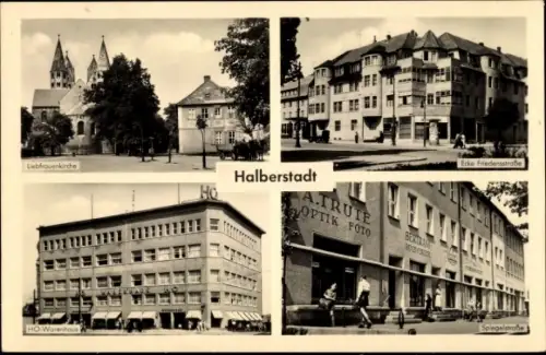 Ak Halberstadt in Sachsen Anhalt, Liebfrauenkirche, Ecke Friedensstraße, HO Warenhaus, Spiegelstraße