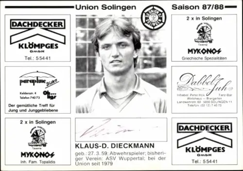 Autogrammkarte Fußballer Klaus Dieter Dieckmann, Union Solingen, Autogramm