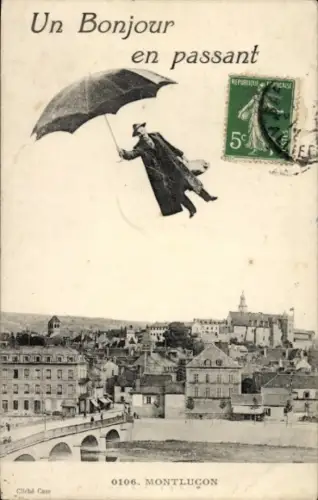 Ak Montluçon Allier, Stadtansicht, Fliegender Mann mit Schirm