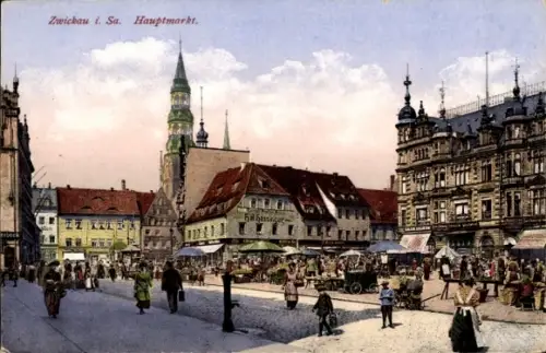 Ak Zwickau in Sachsen, Hauptmarkt, Fußgänger, Kirche St. Marien, Sonnenschirme, Marktbesucher