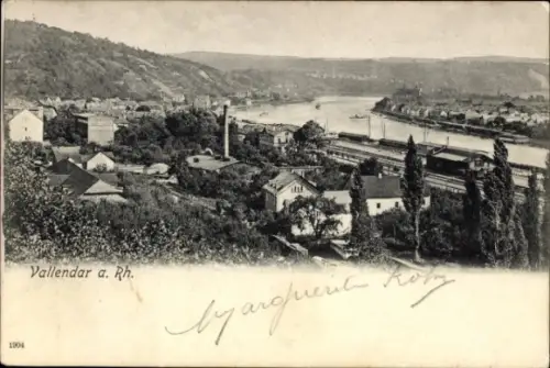 Ak Vallendar am Rhein, Vallendar a. Rh., Flusslandschaft, Bahngleise, Häuser