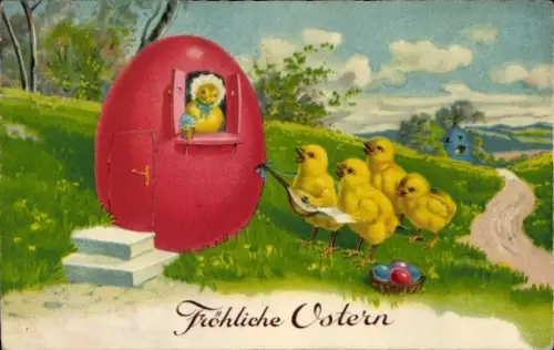Ak Glückwunsch Ostern, Küken, Osterei-Haus