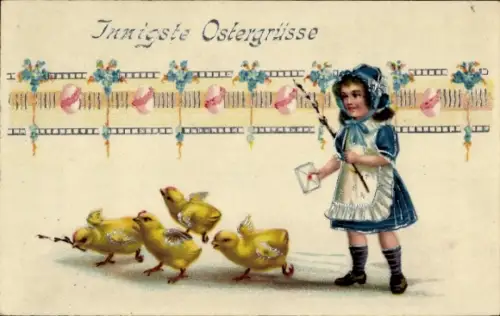 Ak Glückwunsch Ostern, Küken, Mädchen mit Weidenkätzchen