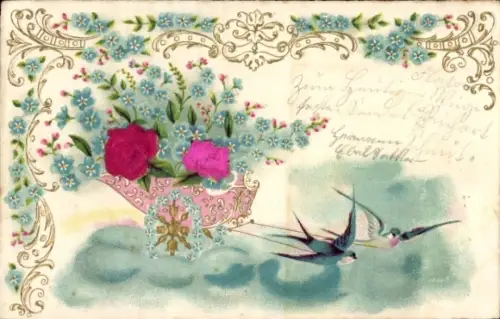 Stoff Präge Litho Schwalben, Rosen, Vergissmeinnicht, Kitsch