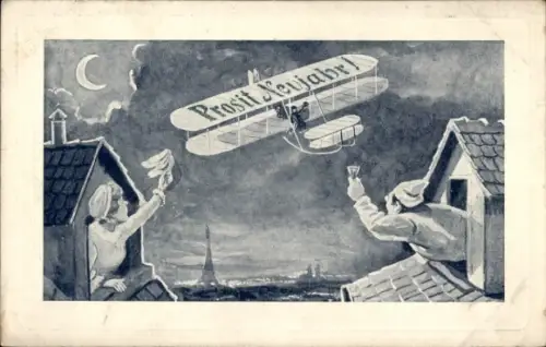 Ak Fröhliches Neujahr, Flugzeug, Menschen winken aus Dachfenstern