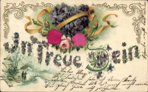 Stoff Präge Ak In Treue Dein, Rosen, Veilchen