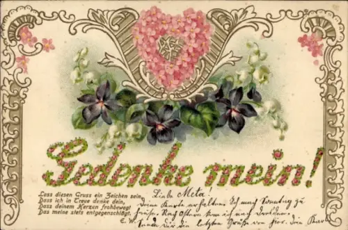 Präge Ak Gedenke mein, Herz aus Blumen, Veilchen, Maiglöckchen