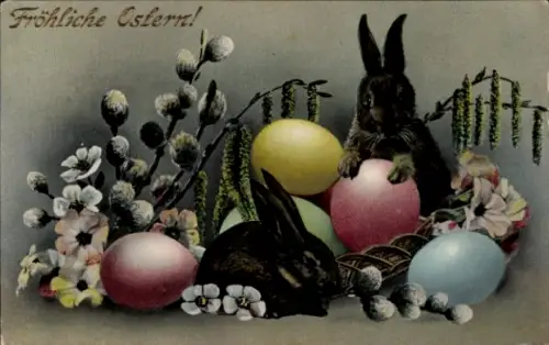 Ak Frohe Ostern, Osterhasen, Ostereier, Weidenkätzchen, Blumen