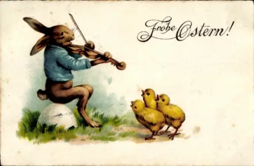 Ak Frohe Ostern, Osterhase spielt auf der Geige, Küken