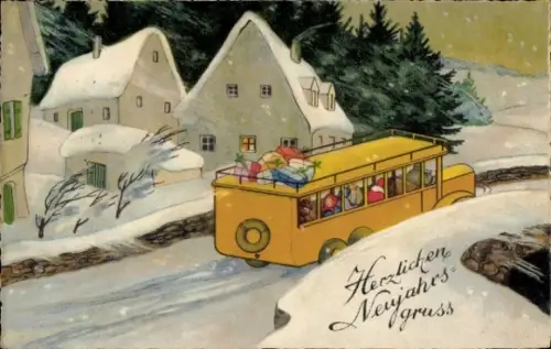 Ak Fröhliches Neujahr, Gelber Autobus in einem verschneiten Dorf