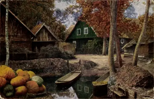 Ak Spreewald, Wohnhäuser, Boote, Ernte