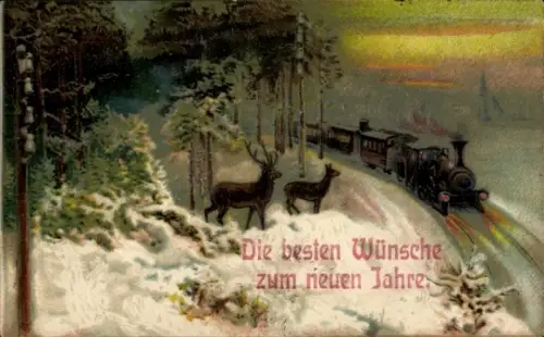 Präge Ak Glückwunsch Neujahr, Reh, Hirsch, Eisenbahn