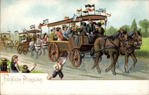 Präge Litho Glückwunsch Pfingsten, Kremser, Kutschen