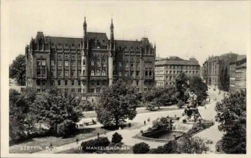 Ak Szczecin Stettin Pommern,  Rathaus, Manzelbrunnen, Park, Bäume