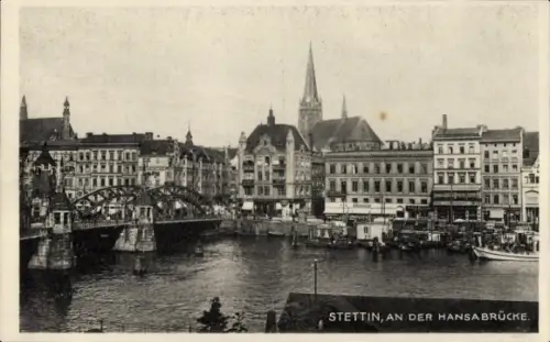 Ak Szczecin Stettin Pommern,  Hansabrücke, Stadtansicht, Wasser, Brücke, Gebäude