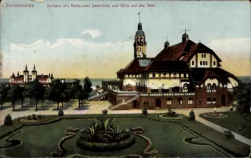 Ak Świnoujście Swinemünde Pommern,  Kurhaus, Restaurant Seebrücke, Blick auf das Meer
