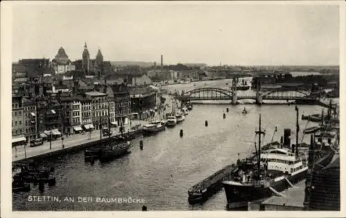 Ak Szczecin Stettin Pommern,  An der Baumbrücke, Flussansicht, Schiffe, Brücke